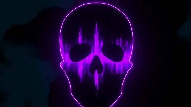 Centered purple neon skull pulses and flickers against a nearly black abstract background. Horror title sequences, halloween advertising, and dark music promotion.