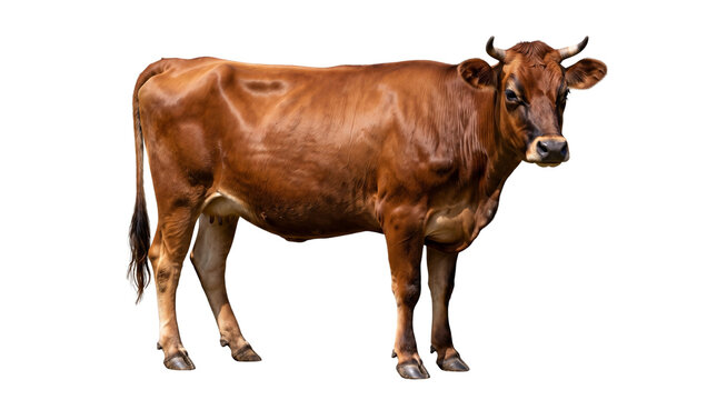 Large brown cow standing peacefully while looking forward against a clean and bright white background