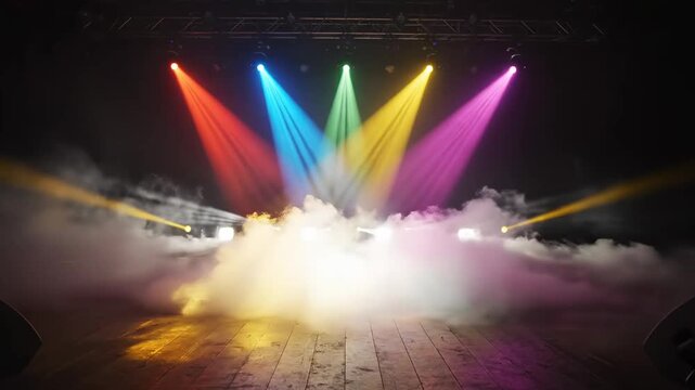 Colored stage lights sweep across a smoky floor during a dynamic performance lighting beams illumination concert performance event