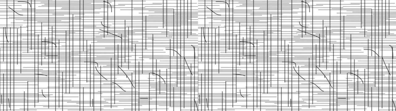 Monochrome grid with scattered black lines and curves creates abstract geometric background.