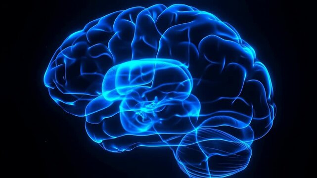 Glowing human brain rotates slowly in an isolated black space. Medical education, neuroscience presentations, and healthcare communication.