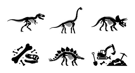 Dinosaur Skeletons, Fossil Dig Site, Prehistoric Bone Collection Vector Icons © Toki