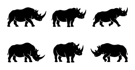 Obraz premium Rhino Silhouettes Collection, Wildlife Animal Icons, African Safari Mammal Vector Graphics