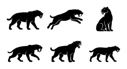 Obraz premium Saber-Toothed Cat Silhouettes, Prehistoric Animal Poses, Vector Set of Wild Feline Icons