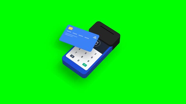 3D isometric POS terminal with contactless credit card payment animation concept on green screen background