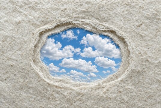 Uno spiraglio di cielo blu con nuvole attraverso un foro sfrangiato in tessuto di fibra di lana