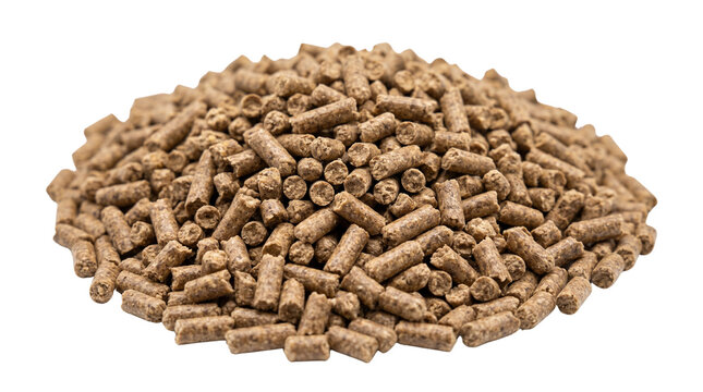 Brown compressed wood pellets for heating fuel isolated on a clean white studio background surface