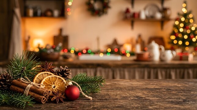 Rustic kitchen table background featuring cinnamon sticks dried orange slices and pine branch for seasonal winter decor with border frame and copy space