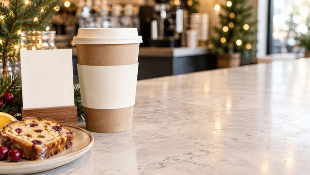 Blank Christmas cafe card beside takeaway coffee and loaf cake