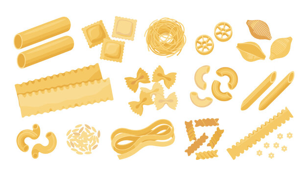 Different Italian pasta types collection set with macaroni penne farfalle ravioli lasagne isolated on white background vector illustration