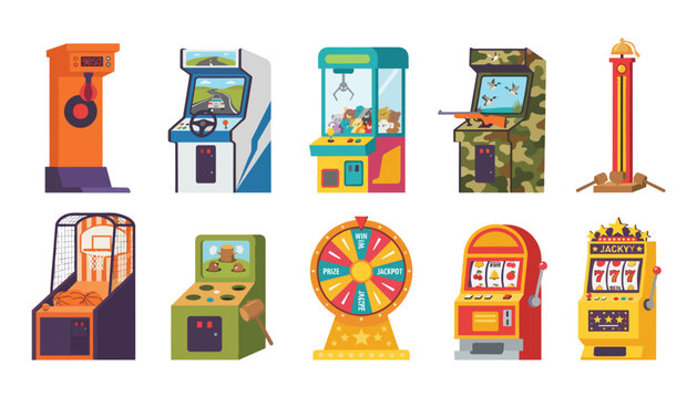 Retro arcade game machines set with slot machine claw crane basketball racing simulator isolated flat vector illustration