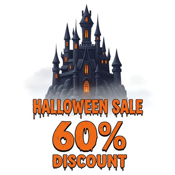 Spooky haunted castle illustration with halloween sale discount text