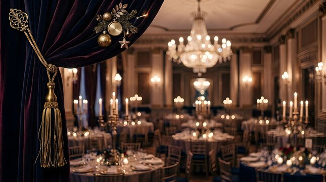 Grand ballroom decorated for elegant christmas or new year's eve party with elaborate tables and chandeliers with border frame and copy space