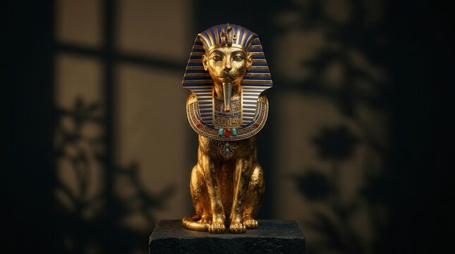 Egyptian cat statue, ornate with detailed golden jewelry, set against a concealing shadow background