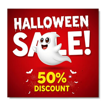 Red halloween sale poster template with friendly cartoon ghost