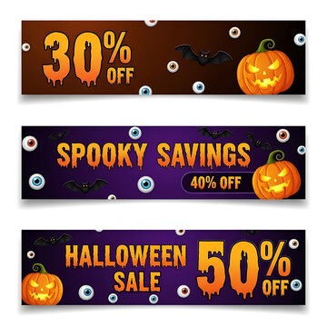 Set of three halloween sale web banners with creepy eyeballs