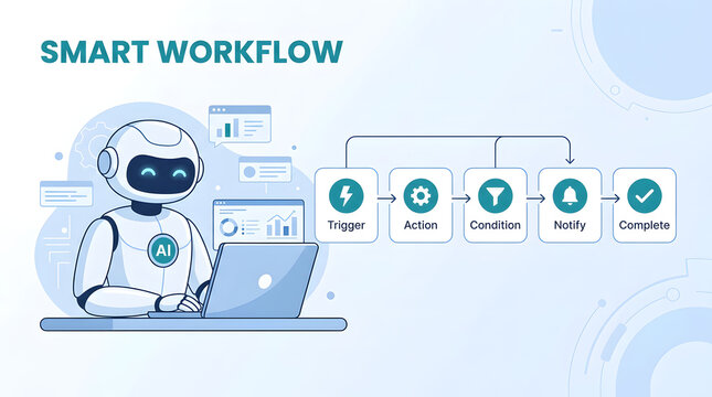 AI Robot and Smart Workflow Diagram: An illustration depicts a friendly AI robot working on a laptop next to a flowchart visualizing a smart workflow, including trigger, action, condition, notify.