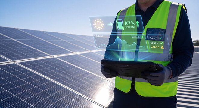 technician holds glowing solar energy hologram with output graph and connection status icon to verify panel performance, confirm system uptime, manage renewable energy workflow