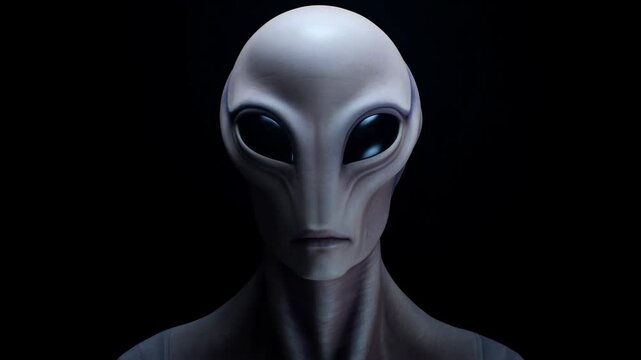 Alien humanoid portrait slowly approaches the camera in a dark setting. Science-fiction film or trailer, extraterrestrial life documentary, and space exploration presentation.