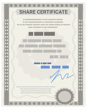 Formal share certificate with ornate border, official seal, and signature, symbolizing corporate equity, capital investment, and shareholder legal ownership. (cut out)