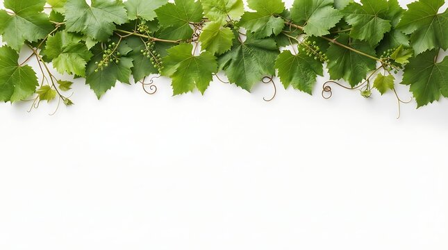 Green grapevine tendrils with developing buds against a clean white background in bright natural light