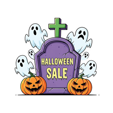 Spooky halloween sale vector design with gravestone and cute ghosts