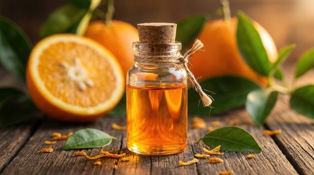 A small glass bottle of orange essential oil positioned on a natural wooden surface