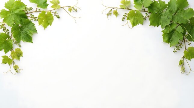 Vibrant green grapevine leaves with tiny blossoms arching across a clean white background with copy space