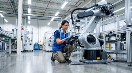 Fototapeta premium Female Engineer Programming Industrial Robotic Arm in Factory Photo - robotic arm, industrial robot, female engineer, automation, factory worker, manufacturing, robotics engineer, teach pendant