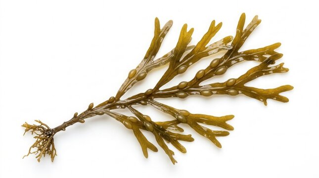 A highlighted Fucus vesiculosus seaweed strand set against a clean white background