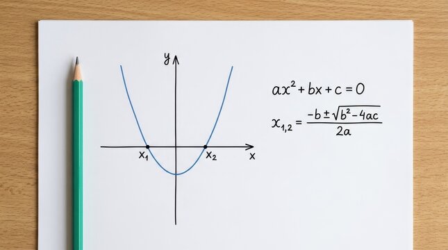 Quadratic Equation and Parabola Graph with Formula on White Paper with Pencil on Wooden Desk
