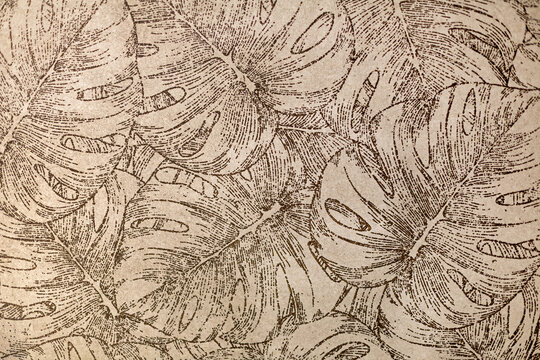 Vintage Monstera Leaf Botanical Pattern in Sepia. Detailed sepia illustration of overlapping monstera leaves in a vintage botanical style.