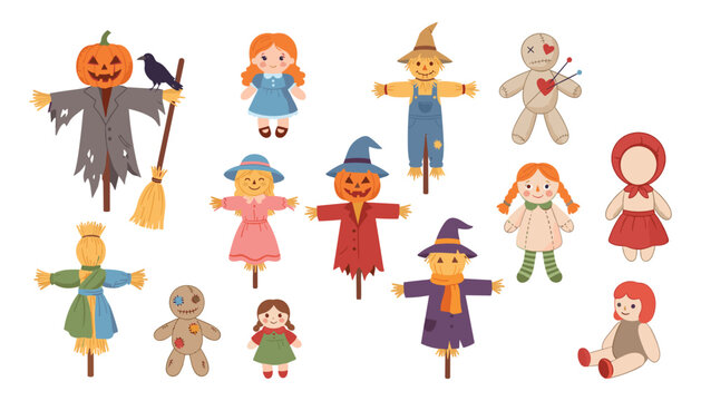 Cute Halloween vector character collection featuring spooky scarecrows, pumpkin heads, voodoo dolls, and vintage rag toys isolated on white.