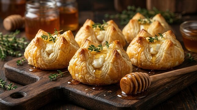 Smooth goat cheese filled golden puff pastry bundles with honey drizzle and fresh herbs on a rustic wooden board