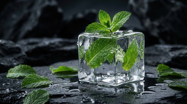 Fresh mint leaves and a synthetic ice cube placed on a dark stone surface
