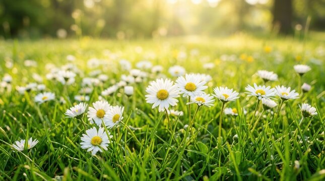 Copy space featuring white flower blossoms in margarite style across a green meadow