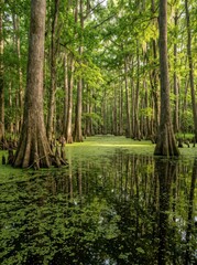 Fototapeta premium Serene Cypress Swamp with Lush Green Duckweed and Reflections in Southern Bayou Wetlands