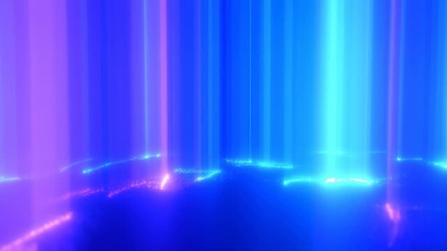 Abstract neon light columns shift across a reflective blue and purple digital space. Technology presentations, digital event screens, and title sequences.
