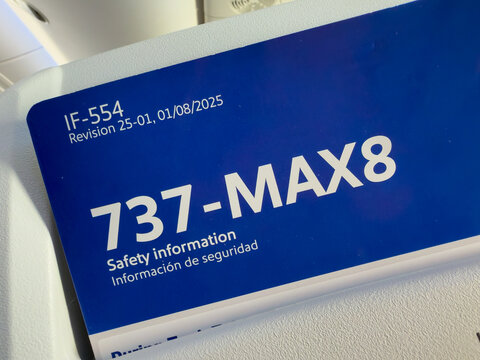 LAS VEGAS, NV, APR 28, 2026: Close-up angled shot of a blue Southwest 737-MAX8 safety information card in seat pocked, above tray table