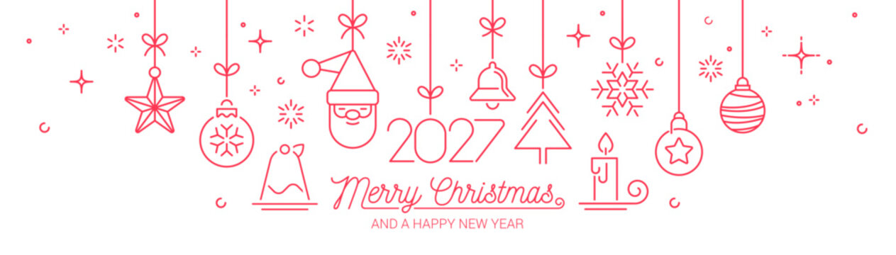 Minimalist Christmas and New Year vector banner featuring red line-art festive ornaments hanging against a white background, accompanied by stylized typography