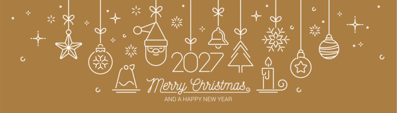 Minimalist Christmas and New Year vector banner featuring line-art festive ornaments hanging against a warm golden background, accompanied by stylized typography