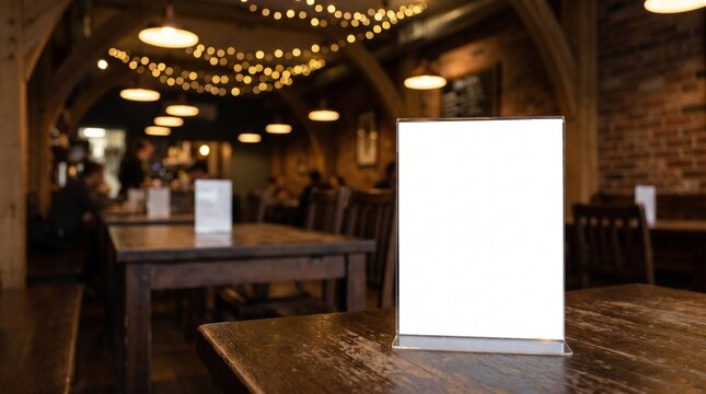 Blank white table tent sign on a wooden table in a restaurant