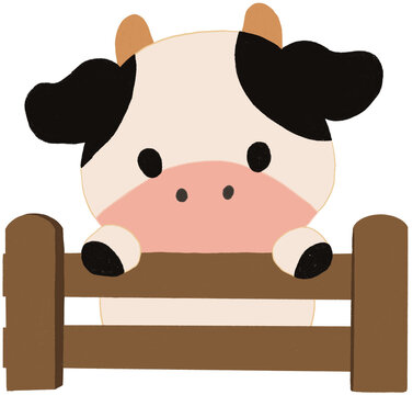 Cute Cow Peeking Over Wooden Farm Fence Cartoon Illustration