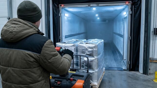 Professional warehouse worker operating electric pallet jack to load temperature-sensitive pharmaceutical cargo into refrigerated trailer, ensuring smart cold chain logistics efficiency.