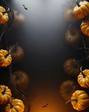 Festive halloween background with orange pumpkins spider webs and silhouettes of flying bats