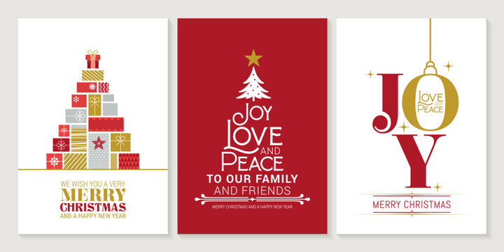 three elegant Christmas greeting cards in a classic red, gold, and white color palette, showcasing stylized gift box trees, festive typography, and hanging bauble details.