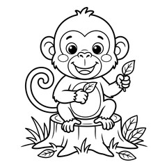 Fototapeta premium Cute cartoon monkey animal character sitting on a tree stump for children coloring page