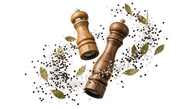 Wooden pepper mills with peppercorns and bay leaves isolated on transparent background