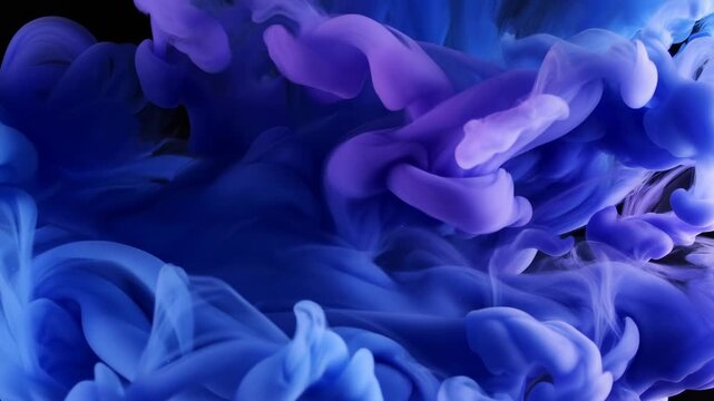 Blue and purple ink clouds swirl and billow across a dark abstract background. Motion graphics, creative presentations, and branding.