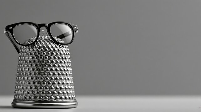 Silver thimble wearing reading glasses looking like wise old professor on dark grey background